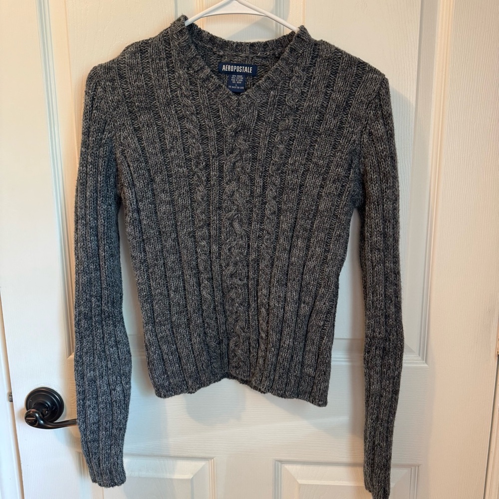Aeropostale‎ Y2K Vintage Charcoal Cable Knit V Neck Gray Pullover